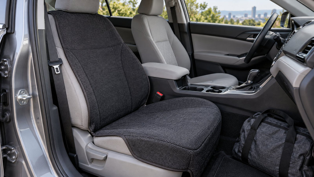 A charcoal removable seat cover protects a light gray passenger seat in a clean car interior with a gym bag on the floor.