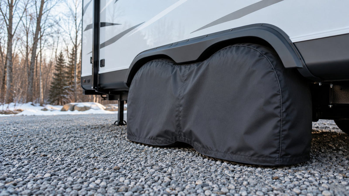 A fitted charcoal tandem-wheel cover protects an RV parked on gravel beside snowy trees for winter storage.