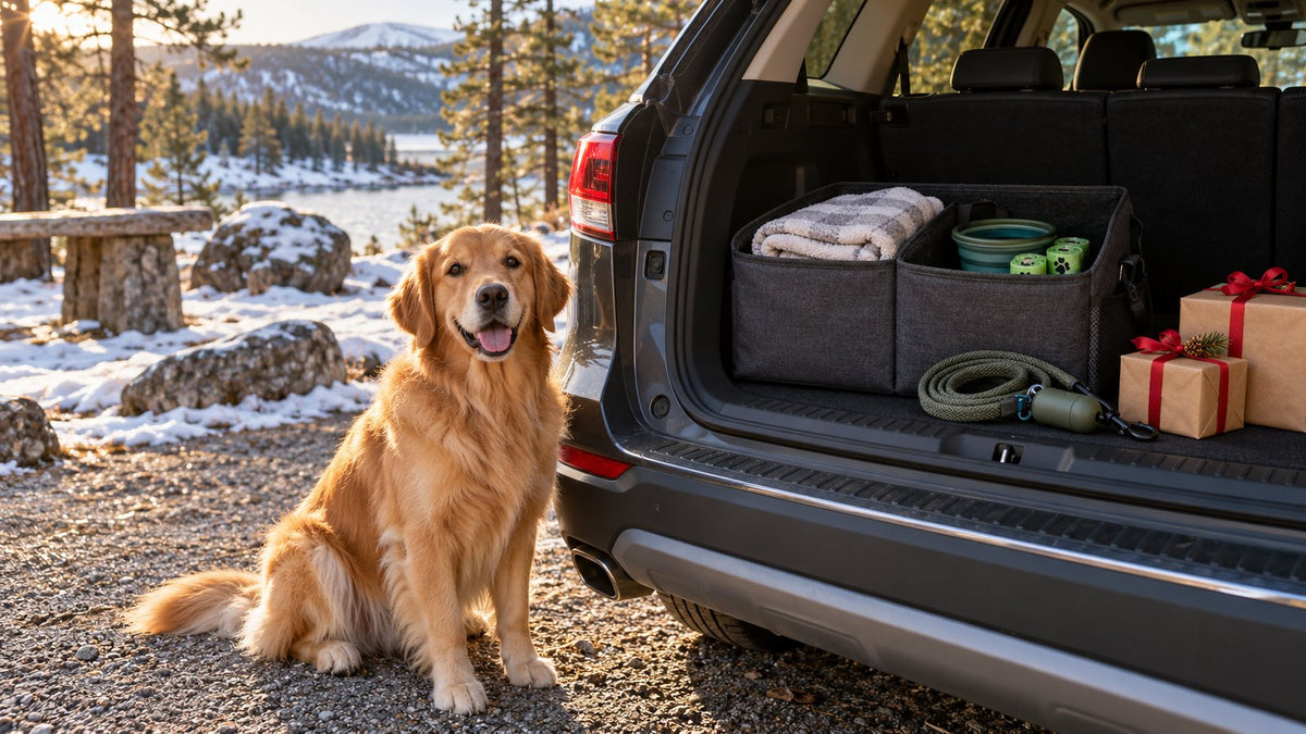 A dog sits beside a parked SUV with a trunk organizer, walking supplies, and wrapped holiday gifts ready for a road trip.