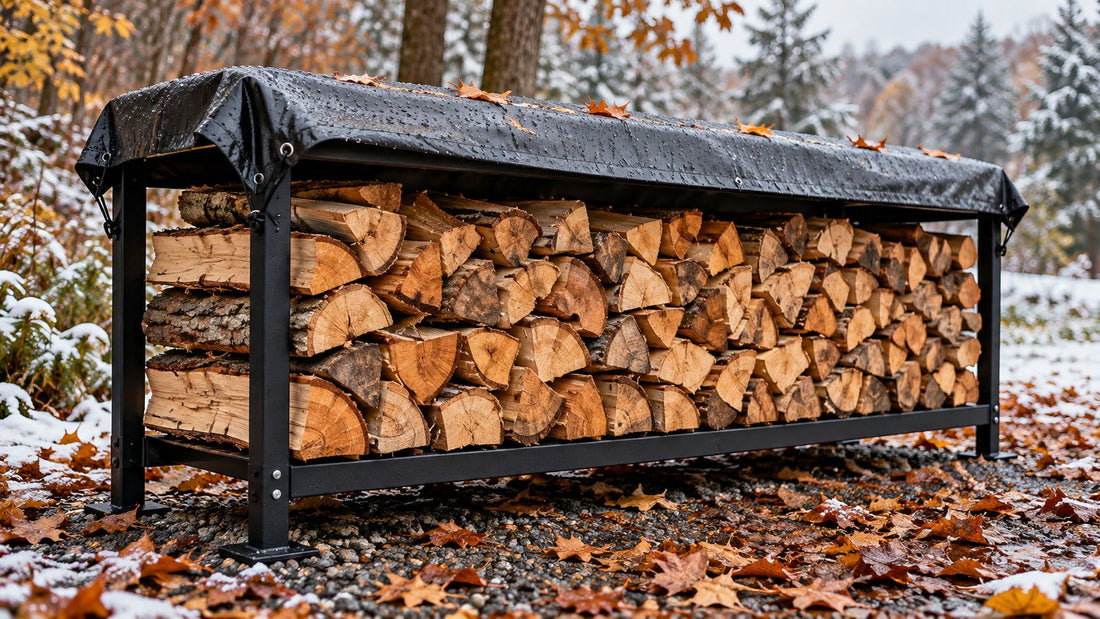 Split firewood sits on a raised rack beneath a dark top cover with open sides, surrounded by wet autumn leaves and light snow.