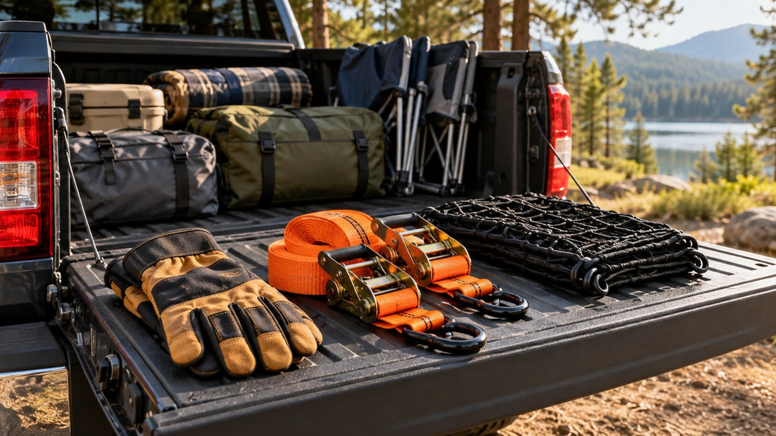 Ratchet straps, work gloves, and a folded cargo net sit on a pickup tailgate with camping gear packed in the bed.