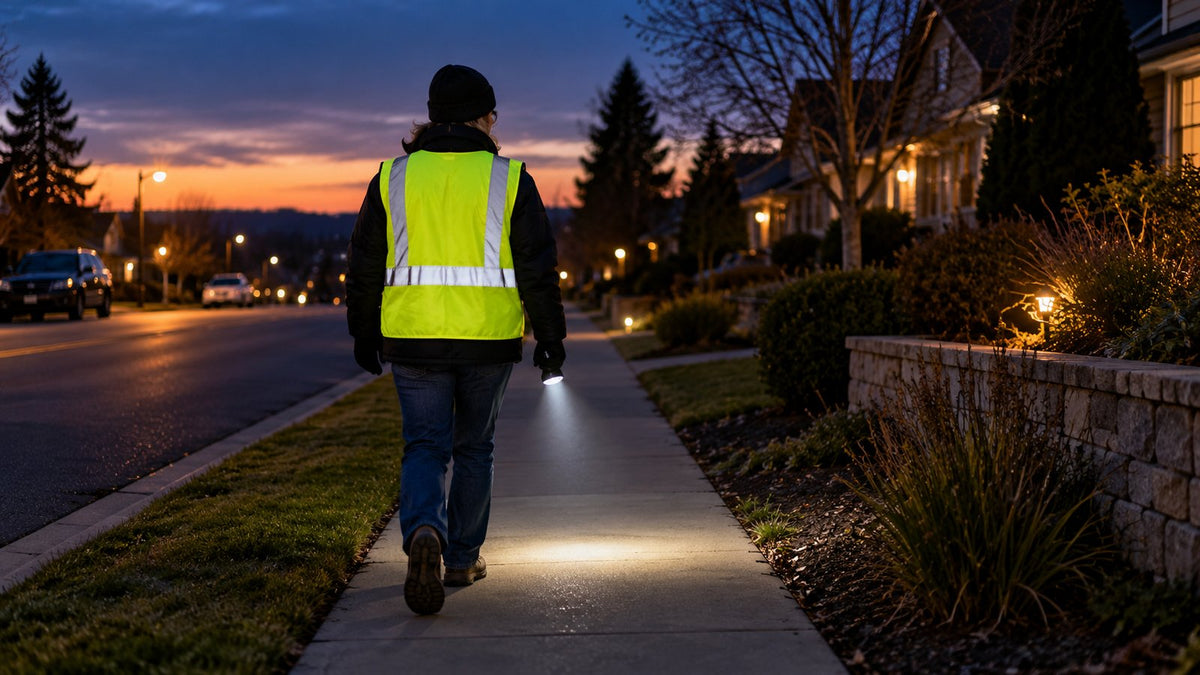 A walker wearing a reflective vest carries a flashlight along a suburban sidewalk after sunset.