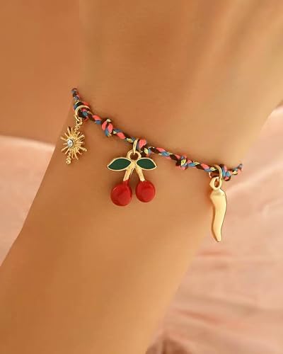 Steering Wheel Charm Accessory Red Cherry Gold Sun Chili Braided Pendant Car - Image 4