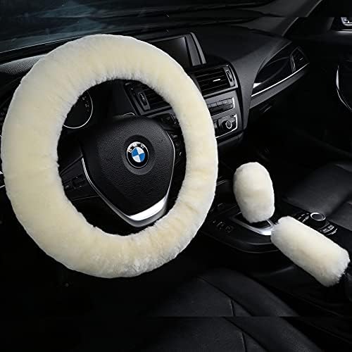 3Pcs/Set Pure Wool Fur Furry Steering Wheel Cover, Soft Fluffy Handbrake Cover by AOGELAN