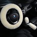 3Pcs/Set Pure Wool Fur Furry Steering Wheel Cover, Soft Fluffy Handbrake Cover by AOGELAN
