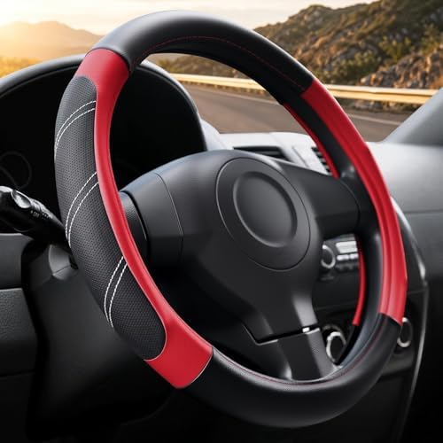 Black and Red Line Punching Car Steering Wheel Cover, Microfiber Leather Sports by ExquisiteCarAccessories