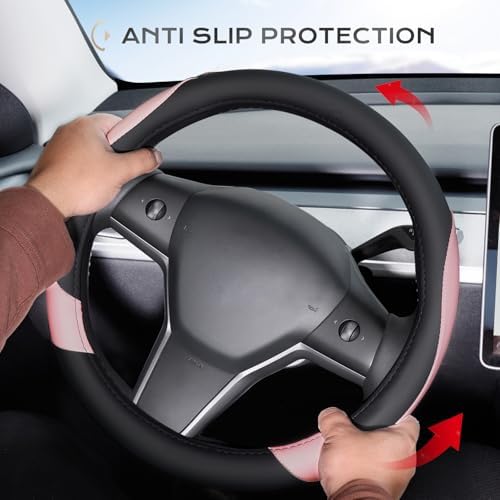 Coverado Car Steering Wheel Cover, Nappa Leather Black & Pink Steering Wheel - Image 3