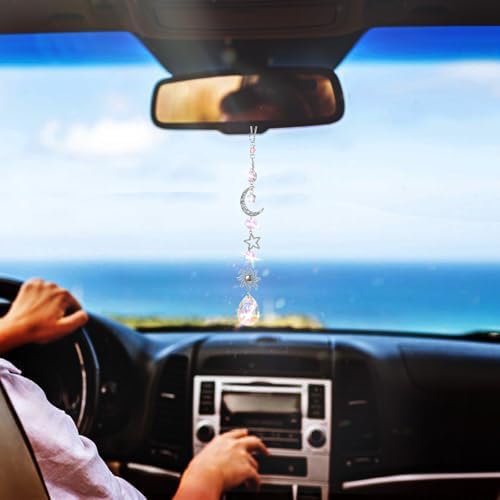 Moon and Star Rear View Mirror Charm, Crystal Boho Car Hanging Decor Cute - Image 3