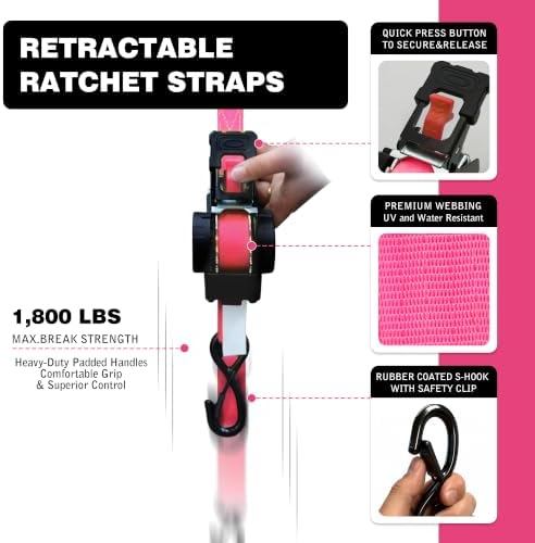 Retractable Ratchet Straps 1" x 13 Ft, 800 Lbs, 2 Pack - Image 2