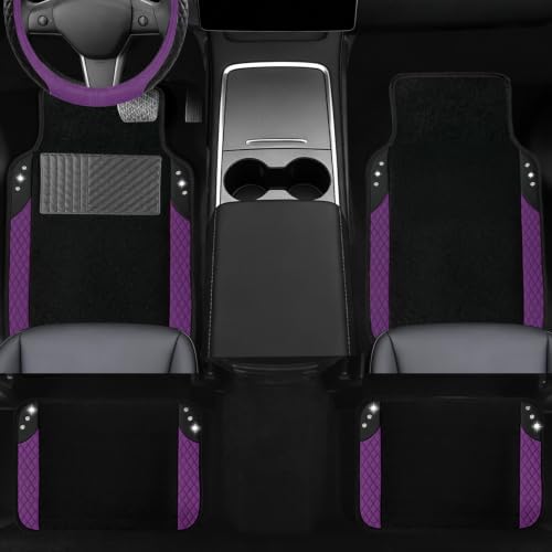 NBTEPEM 10 Pcs Bling Purple Car Floor Mats Set, Leather Purple Steering Wheel - Image 3