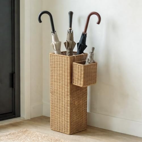 Rattan Umbrella Stand with Drip Tray, Umbrella Holder with Small Basket - Image 6