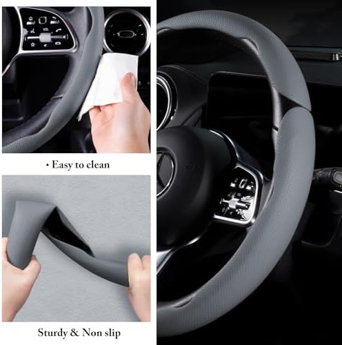 Car Steering Wheel Cover Leather 14.5-15 in Universal 3Pcs Set Gray - Image 6