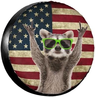 PVC Leather Spare Tire Covers for Trailers, Funny Raccoon Rock Flag USA Wheel by FalePrint