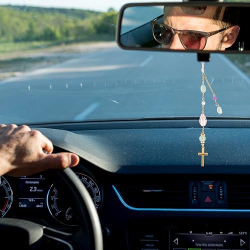 Sibba Natural Jade Cross Car Hanging Ornament, Handmade Glass Beaded Rearview - Image 7