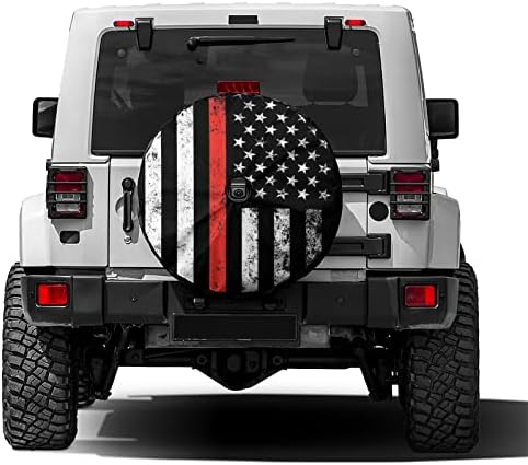 USA Patriotic Firefighter Thin Red Line Flag Spare Tire Cover by Foruidea