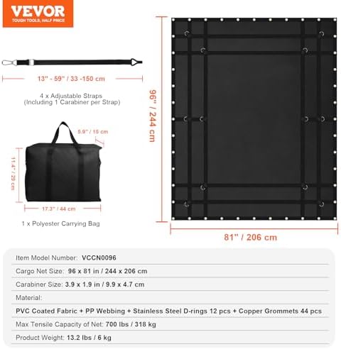 VEVOR Waterproof Cargo Net, 96 in x 81 in, Heavy Duty Truck Cargo Net- 700lbs - Image 7