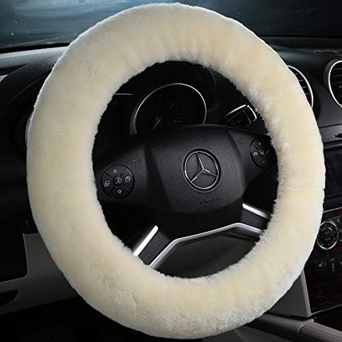 White Fuzzy Sheepskin Car Steering Wheel Cover - Image 3