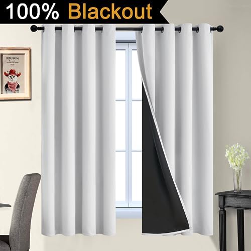 Yakamok Greyish White 100% Blackout Curtains 63 Inches Long, 2 Thick Layers - Image 2