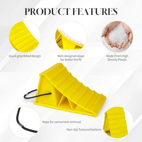 2 Pack Wheel Chocks with Rope, Bright Yellow Lightweight Wheel Blocks - Image 3
