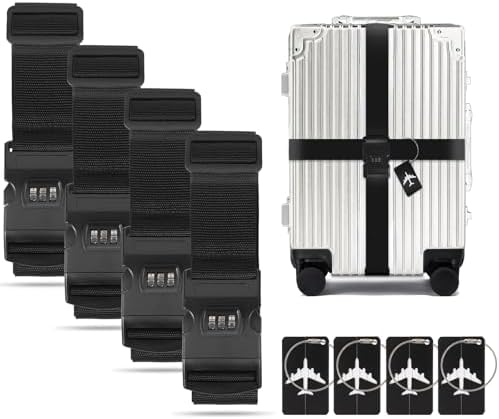 BILIONE 4 Pack Luggage Straps for Suitcase w/Password Lock & Tags by BILIONE