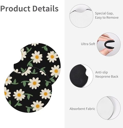 Daisy Flower Steering Wheel Cover 15 Inch + 2Pc Cute car Coasters Set - Image 7