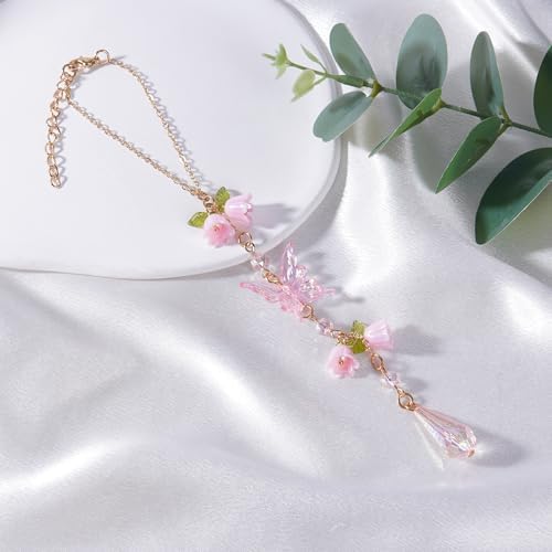 Butterfly Crystal Car Charm Lily Flower Beaded Mirror Hanging - Image 4