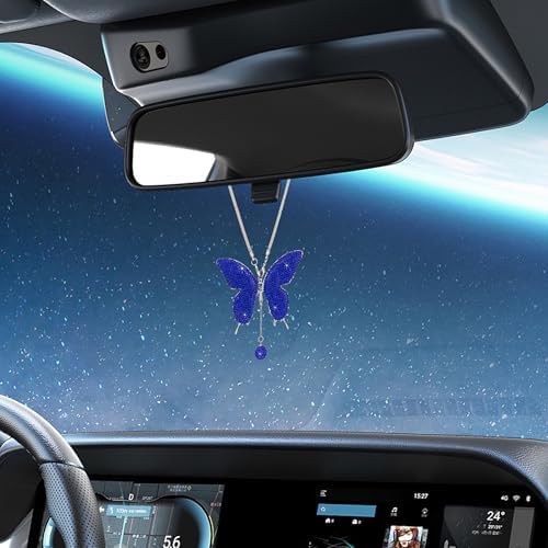 Rhinestone Butterfly Rearview Mirror Ornament, Dark Blue - Image 5