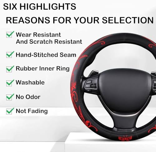 Red Embroidery Butterfly Car Steering Wheel Cover, 14.5-15 Inch Universal - Image 4