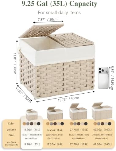 SETVSON Storage Basket with Lid, 2-Lid PE Rattan Storage Bin, Light Khaki - Image 2