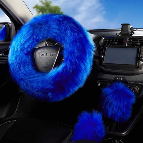 Blue Fluffy Sheepskin Car Steering Wheel Covers - Image 4