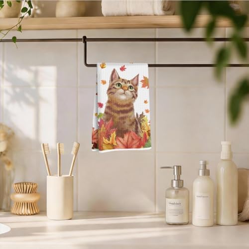 Cute Cat Autumn Decor Kitchen Towels, Fall Decorations Waffle Hand Towels - Image 4