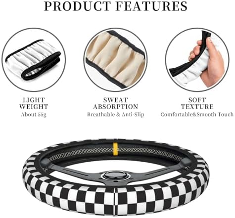 Black and White Checkered Steering Wheel Cover Rubber Anti-Slip 14.5-15 Inch - Image 6