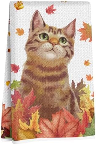 Cute Cat Autumn Decor Kitchen Towels, Fall Decorations Waffle Hand Towels by Unknown