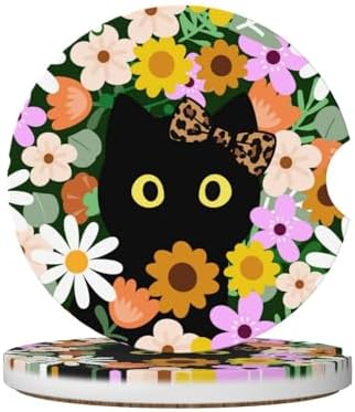 Flower Cute Black Cat Car Coasters by Unknown