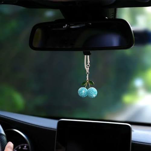 Bling Cherry Car Hanging Ornament, Cute Crystal Rear View Mirror Pendant - Image 5