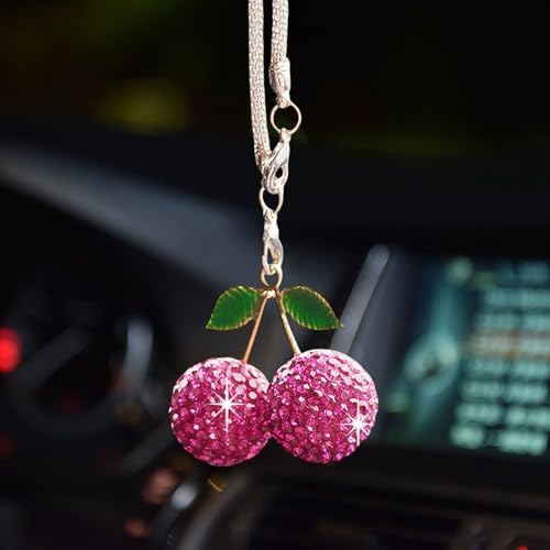 Bling Cherry Car Hanging Ornament, Cute Crystal Rear View Mirror Pendant - Image 3
