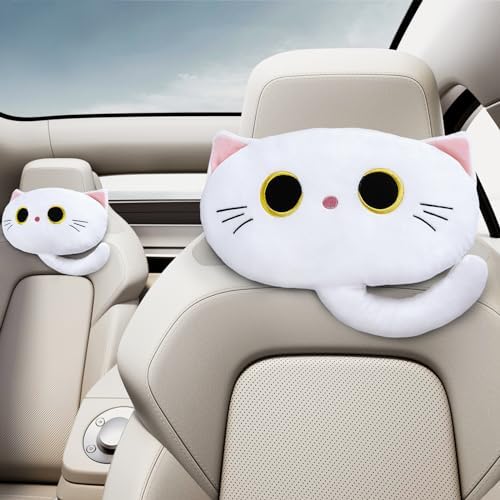 White Cat Car Headrest Pillow Cartoon Car Seat Pillow Cat Neck Support Plush by Evolveover