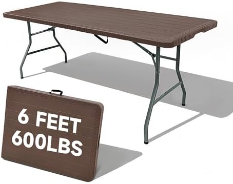 Folding Table 6 Foot, HDPE Wood Grain Pattern, Heavy Duty 600 lbs Capacity by OrtusCollective