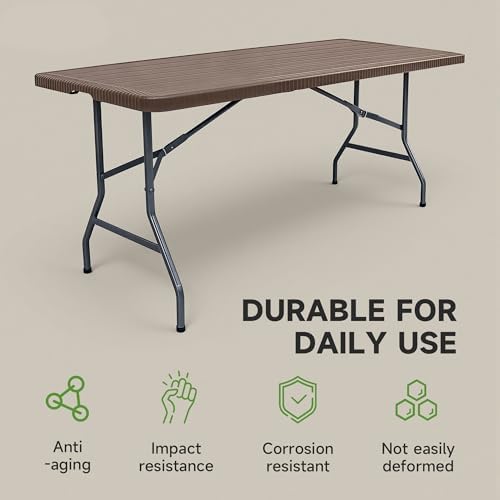 Folding Table 6 Foot, HDPE Wood Grain Pattern, Heavy Duty 600 lbs Capacity - Image 5