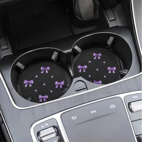 2PCS Car Coasters Rhinestone Bow Cup Holder Pad Anti-Slip Purple - Image 5