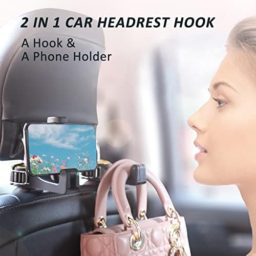 Car Headrest Hidden Hook with Phone Holder, Universal 360 Rotation, 2 Pack - Image 3