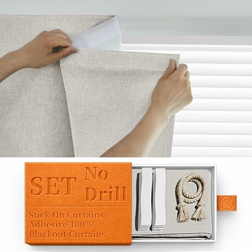 100% Blackout Curtains for Bedroom Stick On Curtain Window Shades Pull Down by Sovtfides