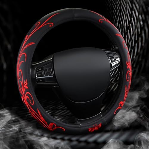 Red Embroidery Butterfly Car Steering Wheel Cover, 14.5-15 Inch Universal - Image 3