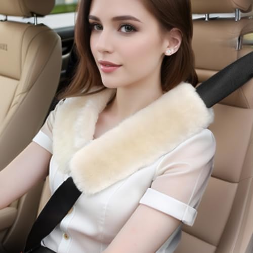 AOGELAN 2 Pack Fluffy Fuzzy Genuine Sheepskin Car Seat Belt Cover, Seatbelt - Image 2