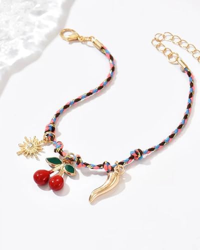 Steering Wheel Charm Accessory Red Cherry Gold Sun Chili Braided Pendant Car - Image 3
