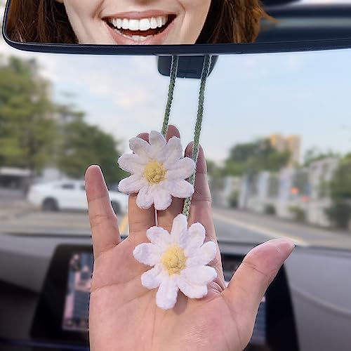 Crochet Daisy Car Mirror Hanging Decor – Handmade Knitted Flower Accessories - Image 2