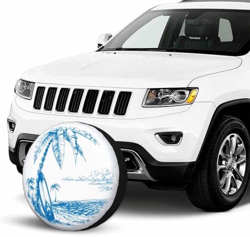 Palm Trees and Sea View Spare Tire Cover Surfing Background Blue Line Drawing - Image 4