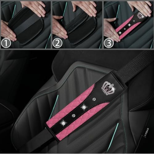NBTEPEM 6 PCS Bling Pink Car Accessories Set, Leather Pink Steering Wheel - Image 6