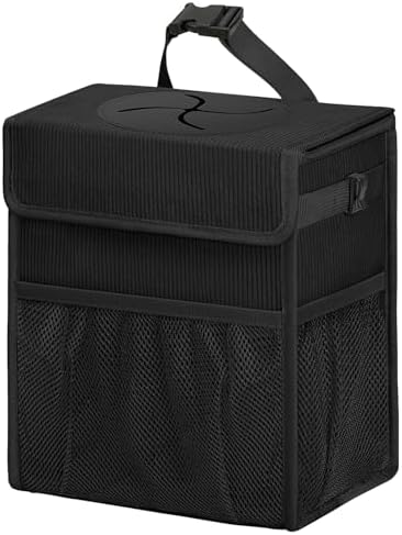 Corduroy Car Trash Can with Lid and Mesh Pockets by Unknown