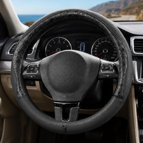 Black Patterned Leather Patchwork Steering Wheel Cover, 14.5-15 Inch Universal - Image 3